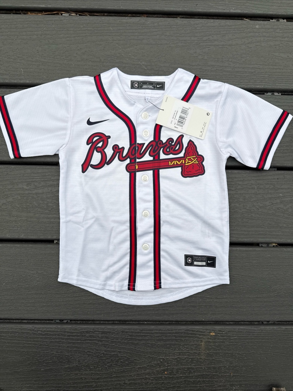 Nike White Braves Toddler Button-Front Jersey with Red & Navy Trim